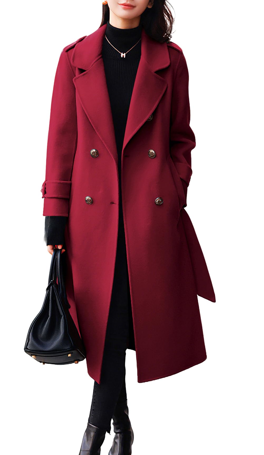 chouyatou Womens Winter Belted Wool Coat Double Breasted Midi Long Casual Trench Dressy Peacoat