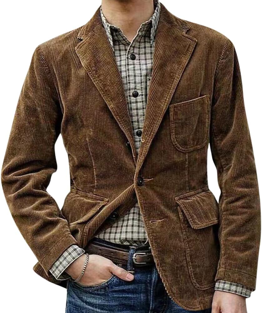 Jacke Cord Herren Sakko Retro Blazer aus Cord Freizeitanzug mit Taschen Elegante Anzugjacke Regular Fit Freizeitjacke Männer Einfarbig Mantel Revers Herbst