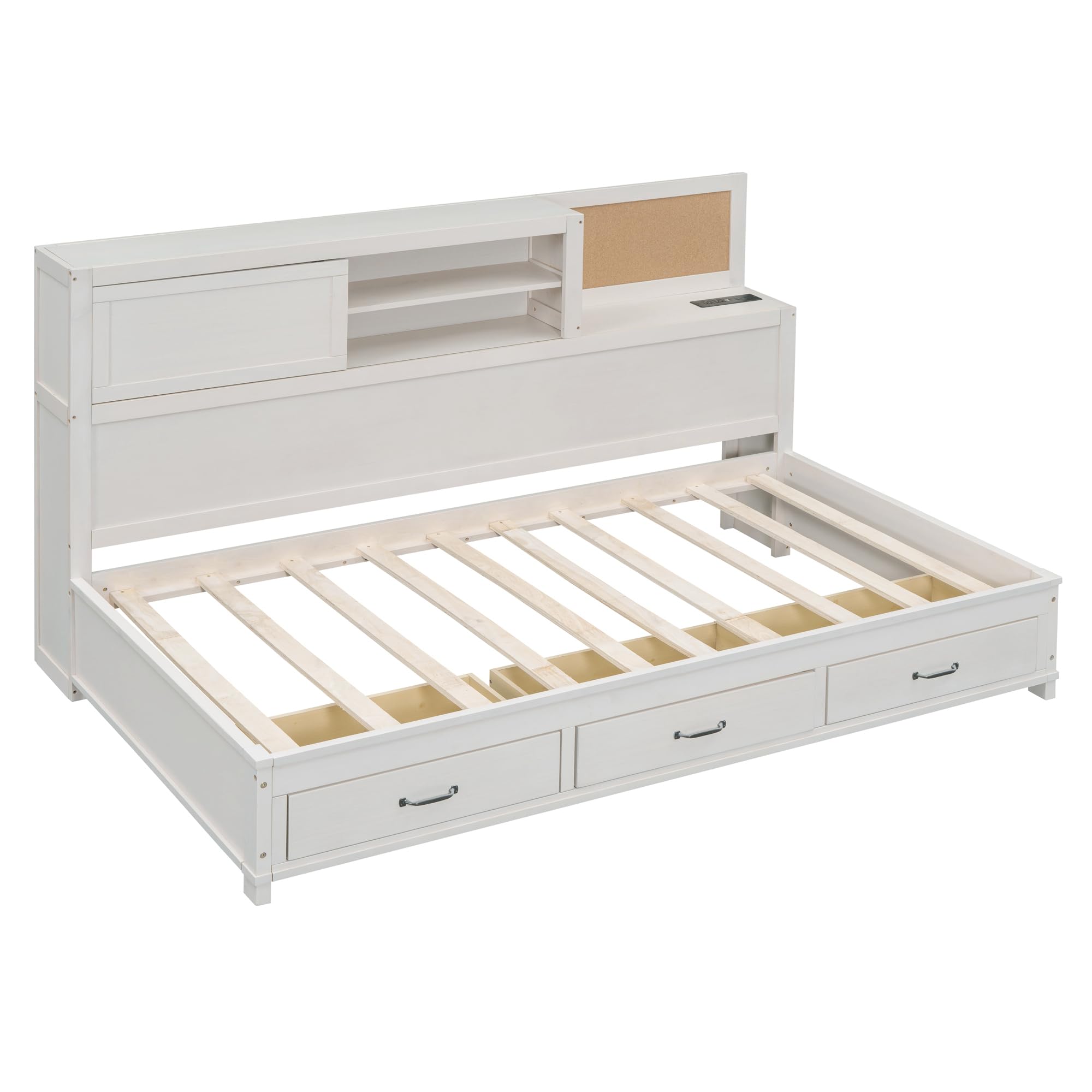 SOFTSEA Twin Size Daybed With Drawers, Bookcase & USB Ports - Solid Wood Corner Bed With Storage, White