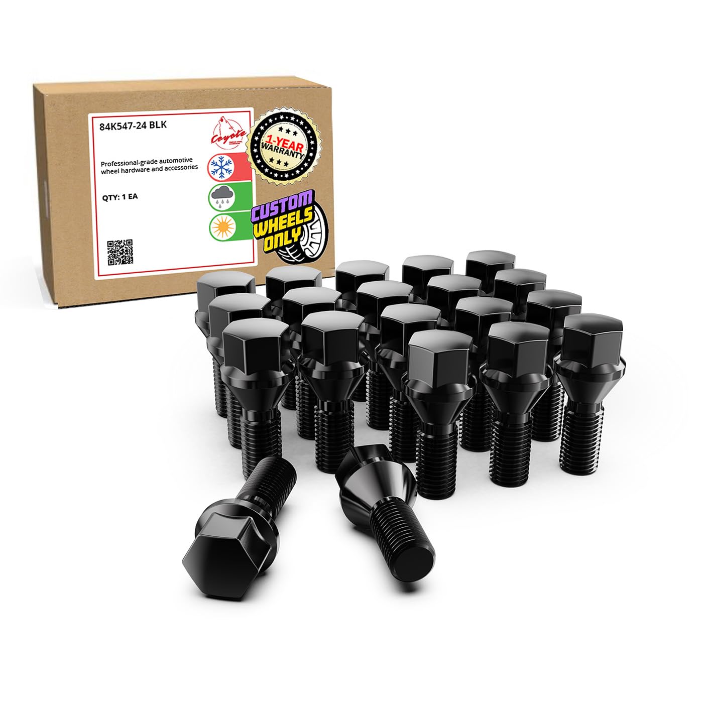 Wheel Accessories Parts 20 Pcs M12 x 1.5 12 x 1.5 Thread Acorn Seat Lug Bolt Black Finish 24mm Shank Length 17mm Hex fits BMW 5(E34) 6(E63, E64) 7(E32) 8(E31) Series M3 M5 Z8 (Older Models)