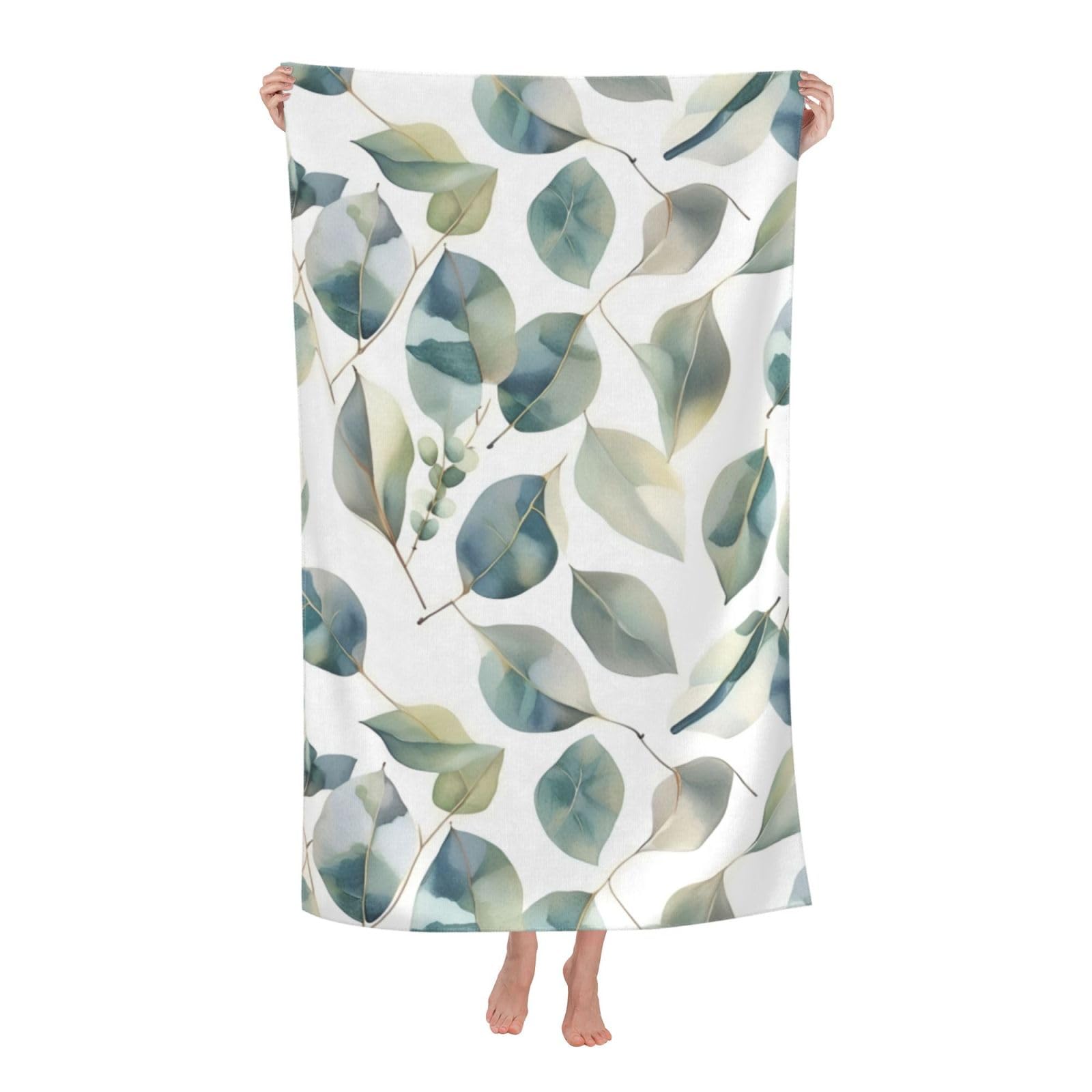 Pojknbv White Eucalyptus Leaves Print Oversized Adult Beach Towel Quick-Dry Comfortable Lightweight Travel Pool Camping