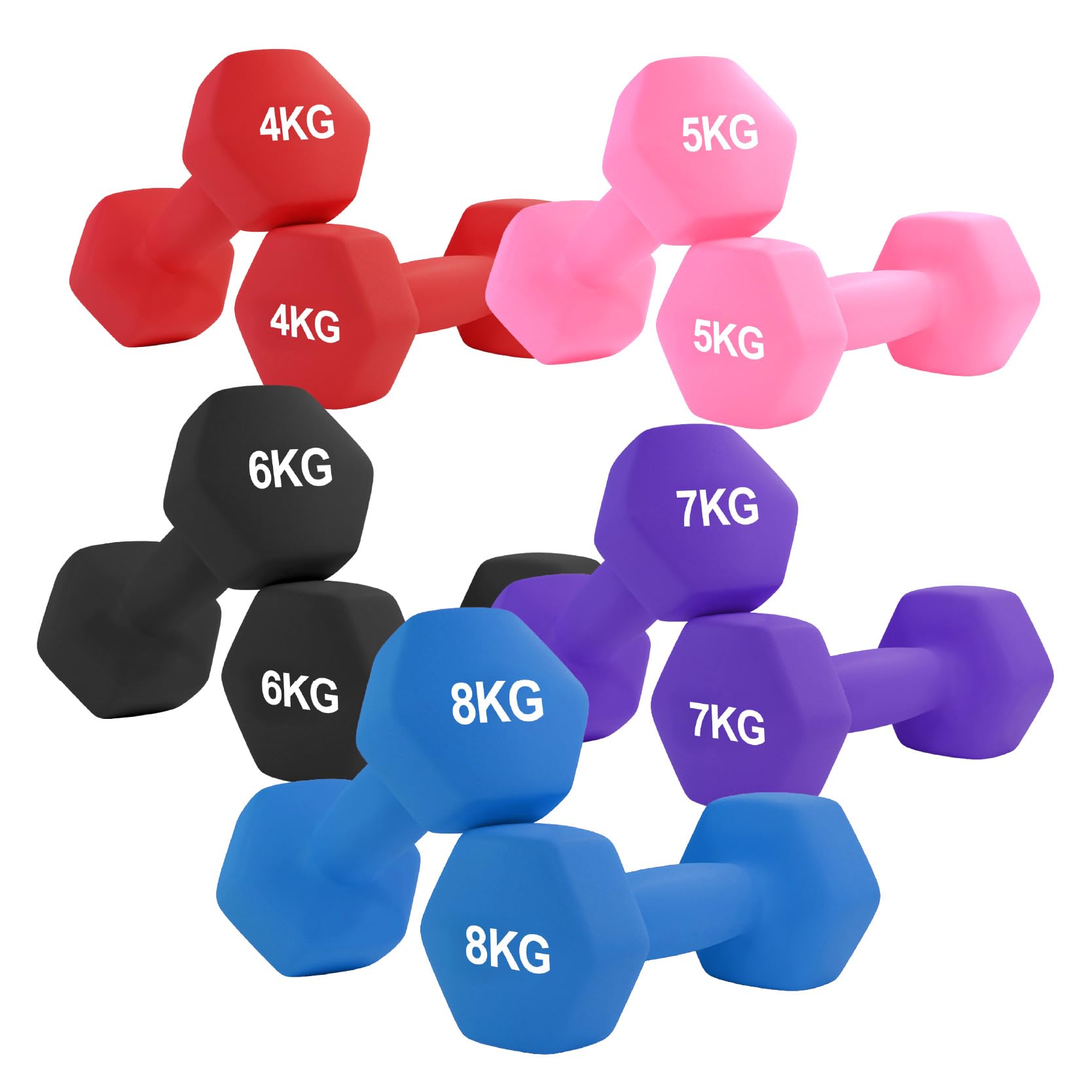 Neoprene Hex Dumbbell 5 Pairs Set 0.5–10kg – Non-Slip Hand Weights for Strength Training, Home Gym Fitness & Full-Body Workouts (Without Rack-Black, 2×(4+5+6+7+8)60kg)