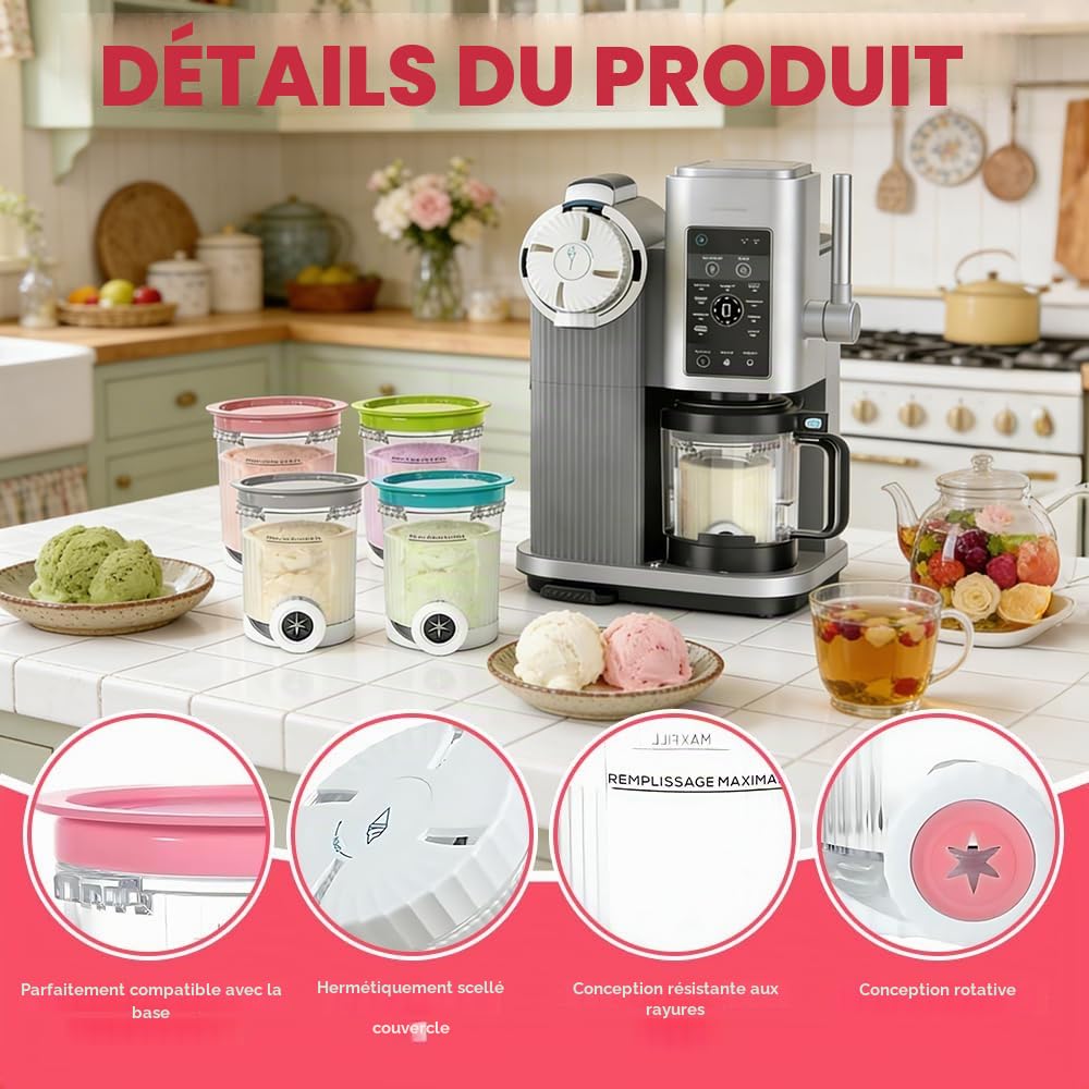 Pot pour Ninja Swirl Deluxe, HOVCEH 4 Pièces Récipient pour NC700 NC701EU, Accessoires pour500 ml Machine à Glace avec Couvercle Et Cuillère, Passe au Lave-vaisselle(B)
