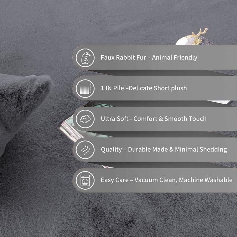 Image of Rabbit Fur Area Rug 6x8 Ft | Super Soft Plush Carpet with Anti-Slip Backing | Washable Luxury Rug for Bedroom, Living Room & Home Decor