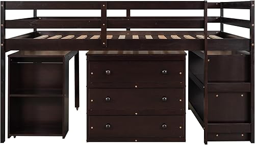 Miniatura 9 de Bellemave Cama alta baja de tamaño matrimonial con escritorio y aparador de madera para niños, marco de cama alta con gabinete y estantes de