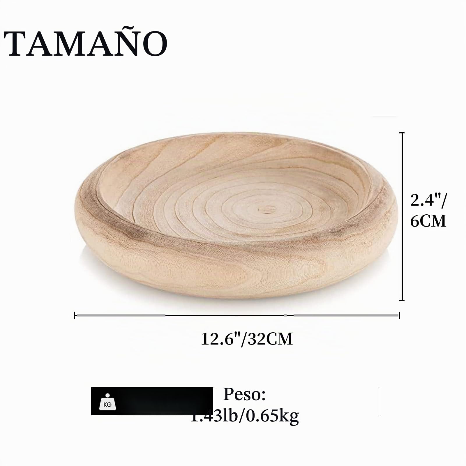 Hanobe Cuenco decorativo grande de madera: centro de mesa redondo de madera de paulownia para decoración del hogar, cuenco de frutas natural rústico de 12.6 pulgadas para mesa de café, bandeja de
