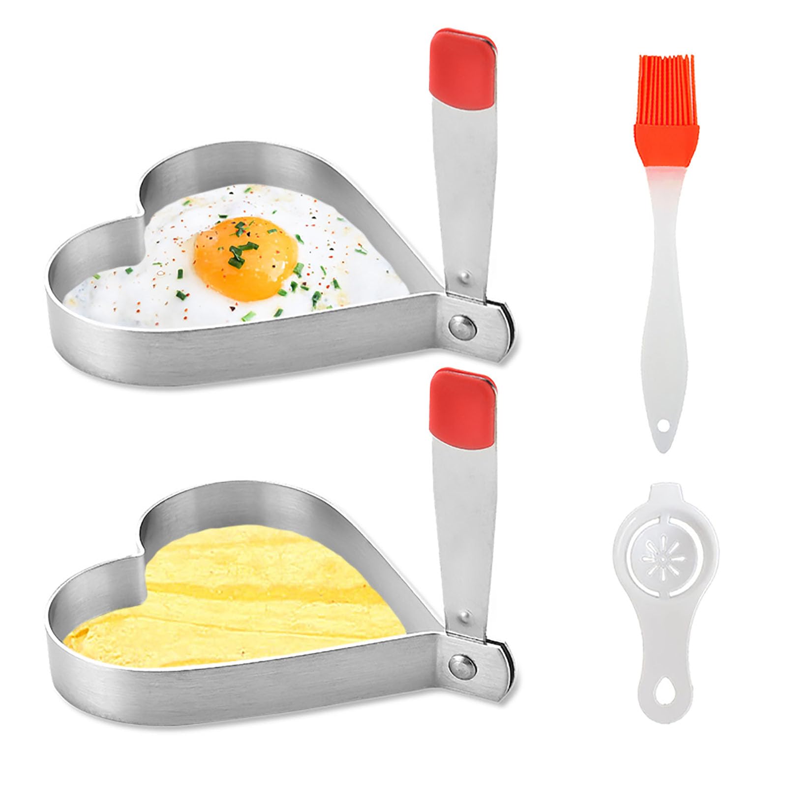 Heart Shaped Pancake Mold Egg Rings Nonstick Stainless Steel Fried Egg Molds With Insulated Handle Heart Pancake Shapes Mold with Oil Brush and Egg Separator for Breakfast Mother's Day Gift