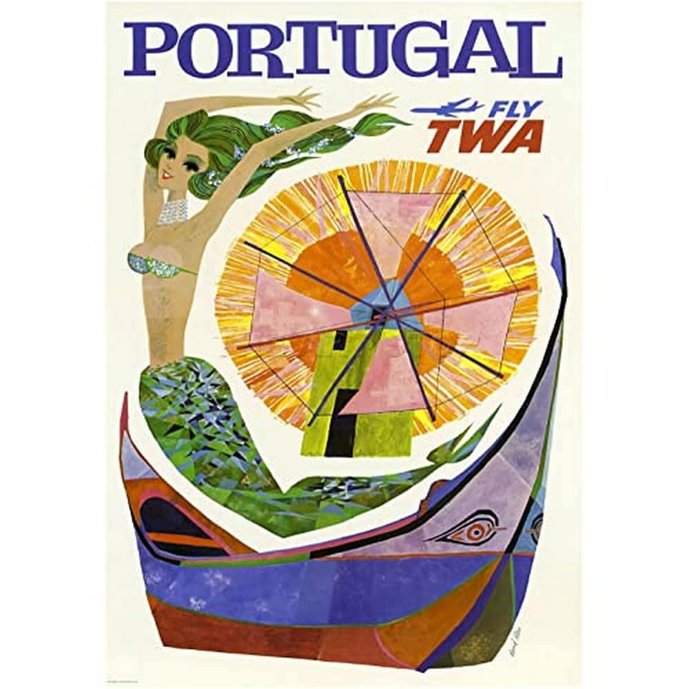 Wee Blue Coo TRAVEL TWA AIRLINE PORTUGAL WINDMILL MERMAID FRAMED ART PRINT PICTURE F12X1522