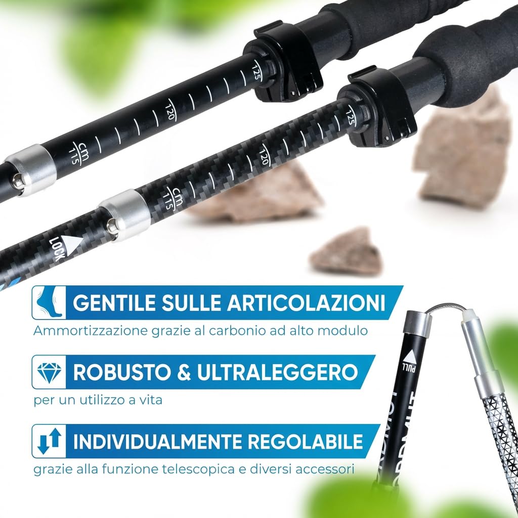 NORDMUT® Bastoncini da Trekking Pieghevoli in Alluminio o Carbonio Ultra-leggeri – da 1,50 m o 1,65 m – con Impugnature Ergonomiche – Trekking Robustissimi e Compatti