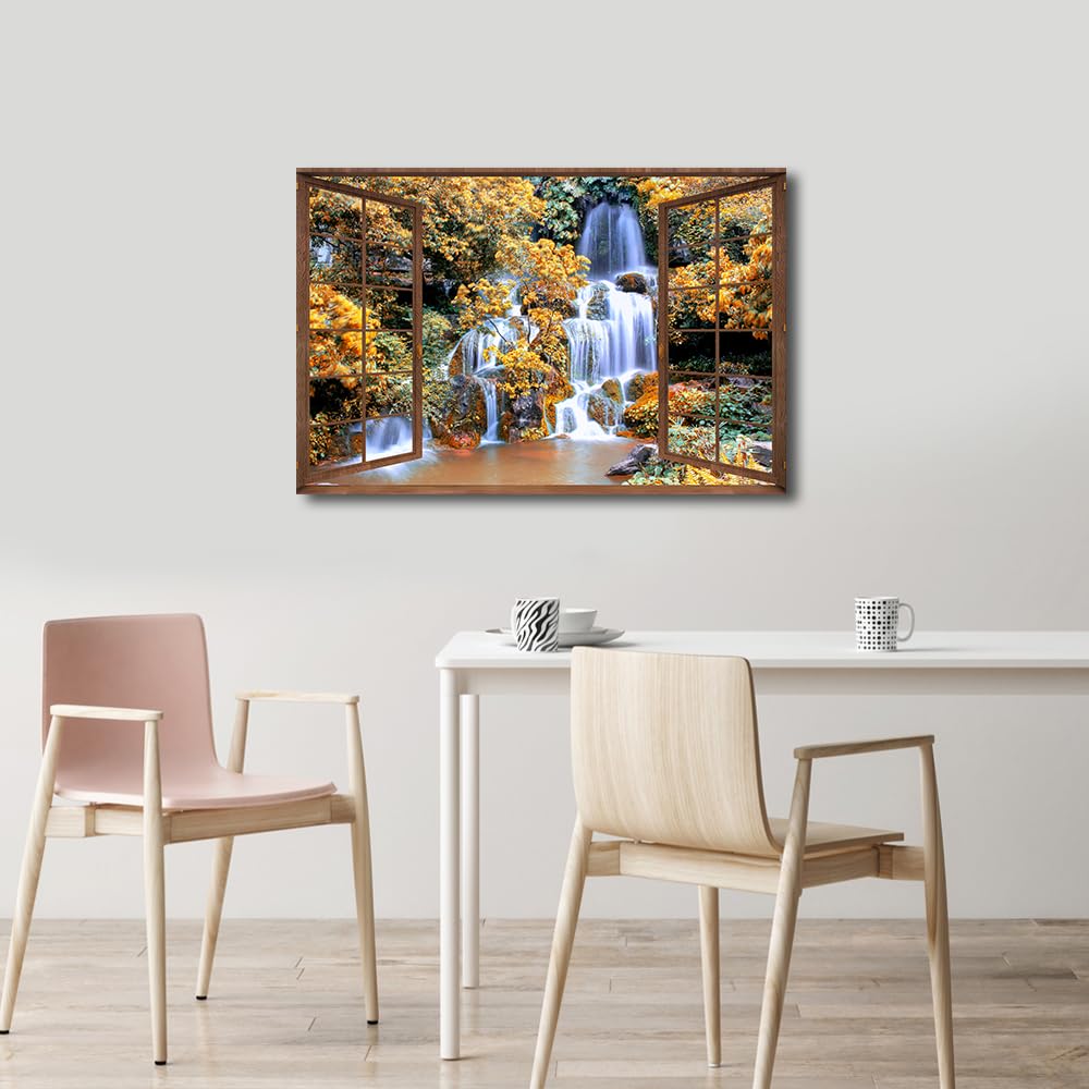 TISHIRON 3D Open Wooden Window Wall Art Canvas Waterfall View Print Paintings Framed Home Decor Paintings to Hang on Walls for Living Room Bathroom Ready to Hang 24x36inch — view 3