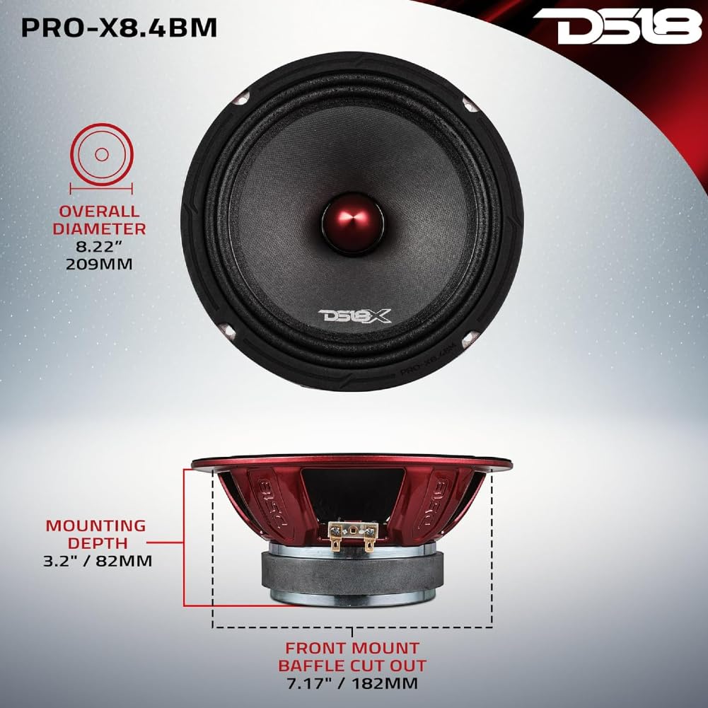 KIT Set pour DS18 Pro-X8.4BMPK, Système de Haut-parleurs 2 Voies 20 cm 200 mm 8", 275 Watts RMS, 550 Watts Max, avec 2 woofers et 2 tweeters, 4 ohms, pour Voiture, kit par Paire