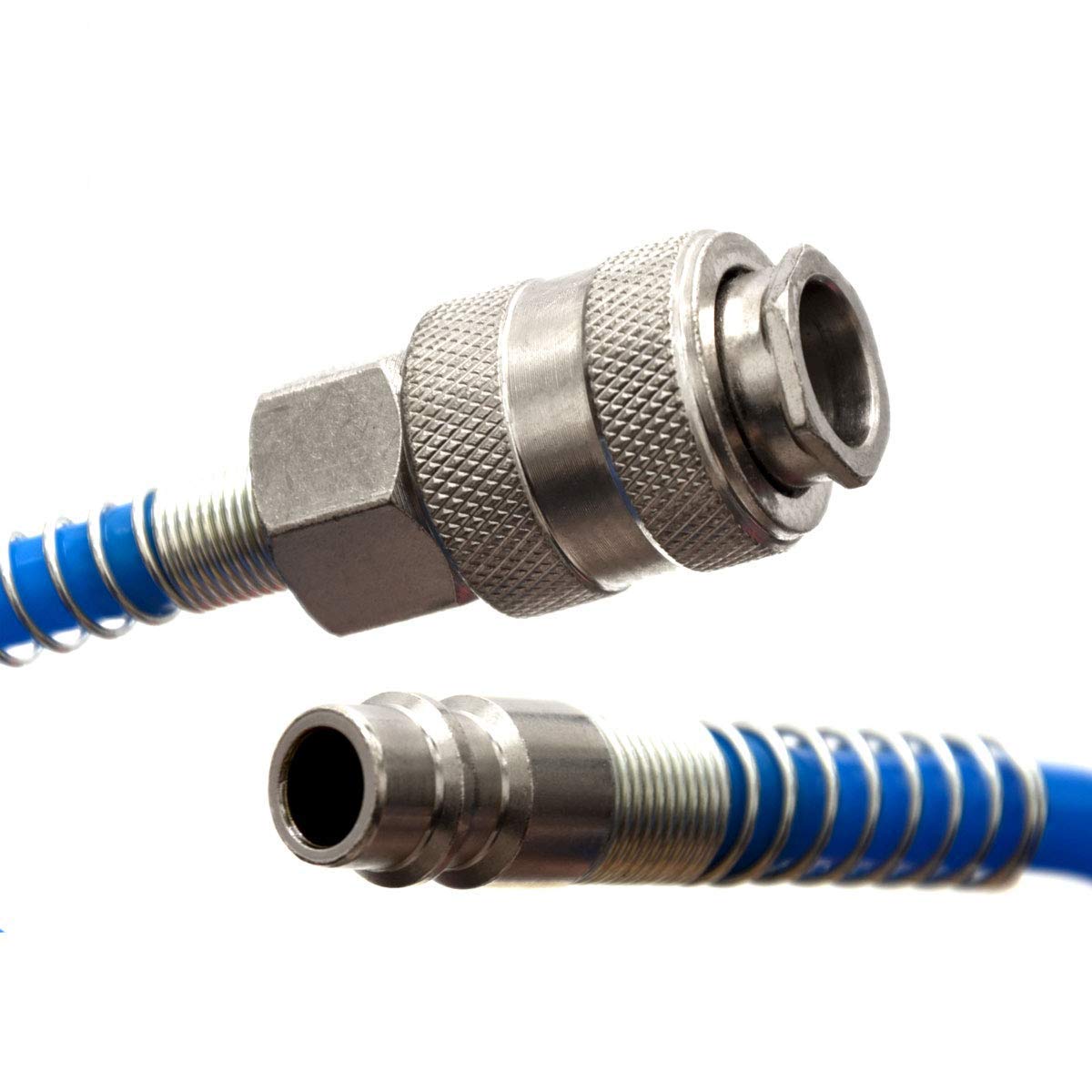 Tubo Aria Compressa Spirale 20 Metri Ø12x8 mm Blu – Flessibile e Resistente 150PSI – Con Raccordi Rapidi 1/4" Maschio/Femmina – Tubo per Compressore e Pistole ad Aria