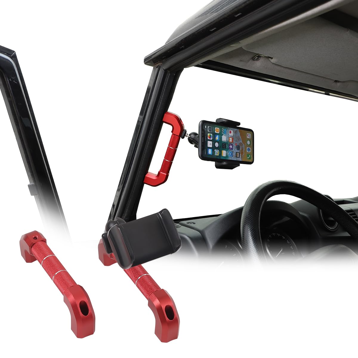JONKOKO Car Interior Door Grab Handle Trim with Car Mobile Phone Holder Compatible with Land Rover Defender 2004-2018 Car A-Pillar Handle Mobile Phone Bracket GPS Navigation Bracket (Style C, Red)
