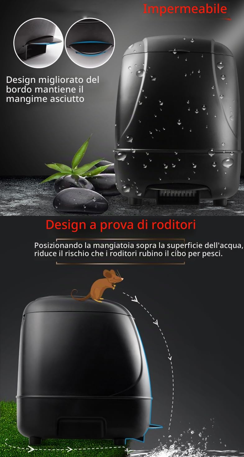 10L Automatic Fish Feeder, Alimentatore/Mangiatoia Automatico, Feeder Dispenser di Pesce, Dispenser Cibo Pesci Automatico per laghetti all'aperto(NERO)