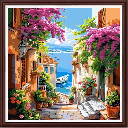 Image of Dooxvey Counted Cross Stitch Kits for Adults 11CT Printed Cross-Stitch Patterns Cross Stitching Embroidery Kit Stamped or Counted Needlepoint Kits- Seaside Street View 18x18 inch