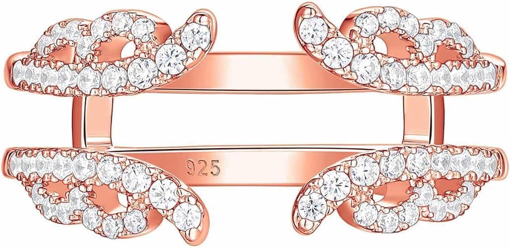 14K Rose Gold Over 925 Sterling Silver Created White Diamond Floral Swirl Ring Enhancer | Infinity Vine Guard Band for Solitaire Rings | Curved Wedding Wrap for Women | Sizes 4-13