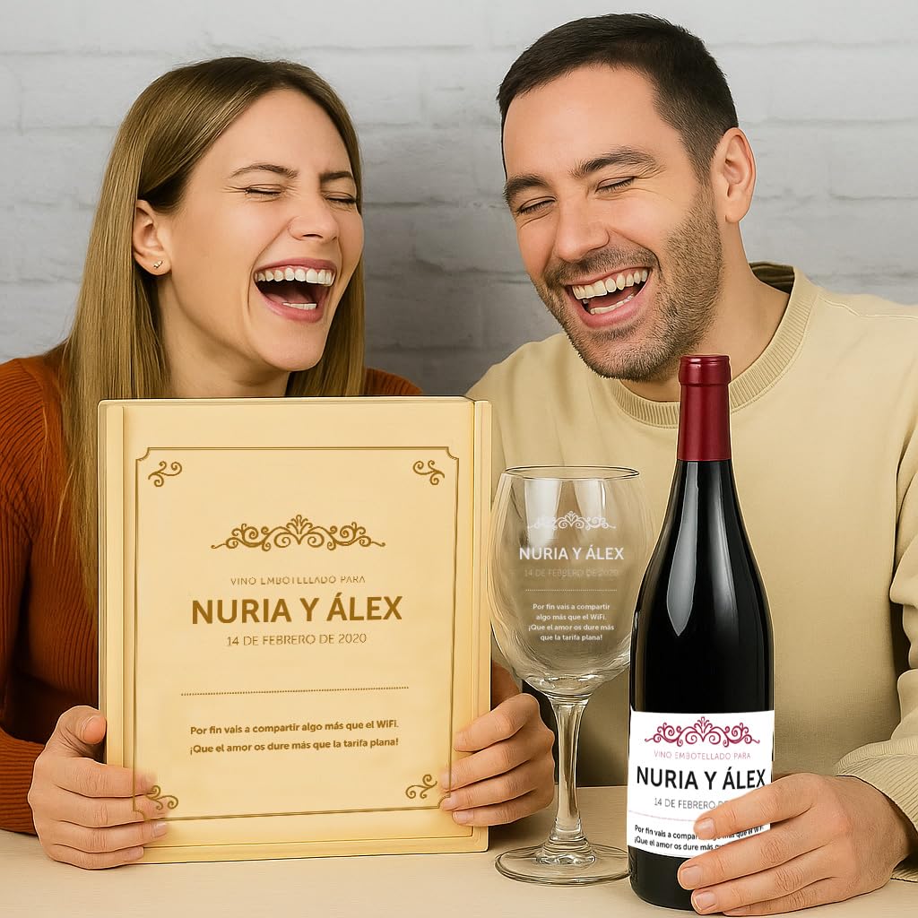 CALLE DEL REGALO Kit de Vino Personalizado con Copas de cristal, Caja de madera grabada, y Botella de vino | Kit personalizado para pareja
