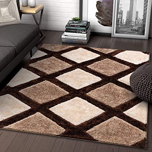 Image of Urban Modern Decor Features 4x6 Feet Modern Soft Shaggy Carpet Thick, Fluffy & 2 inch Pile Shag Rug for Your Kids Room, Bedroom & Livingroom(4x6 feet, Beige Brown Box)