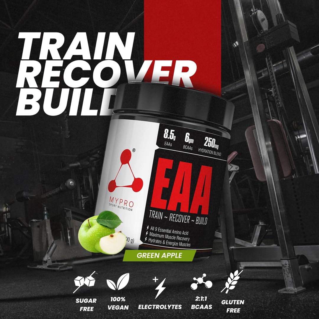 Mypro Sport Nutrition EAA Supplement 8500 mg EAA,6000mg BCAA,992 mg Hydration Blend For Muscle Recovery&Performance All 9 Essential Amino Acid EAA Powder-300 Gm (Green Apple) 1
