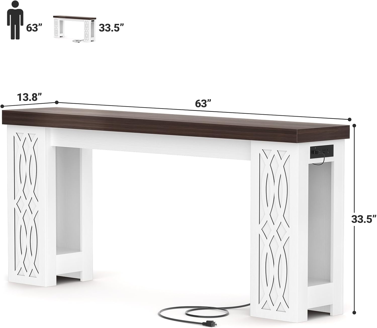Cyclysio 63" Console Table with Outlet, Farmhouse Entryway Table with Colorful LED Lights, Wooden Sofa Table with Unique Carved Design, Foyer Accent Table for Entrance, Hallway, Living Room