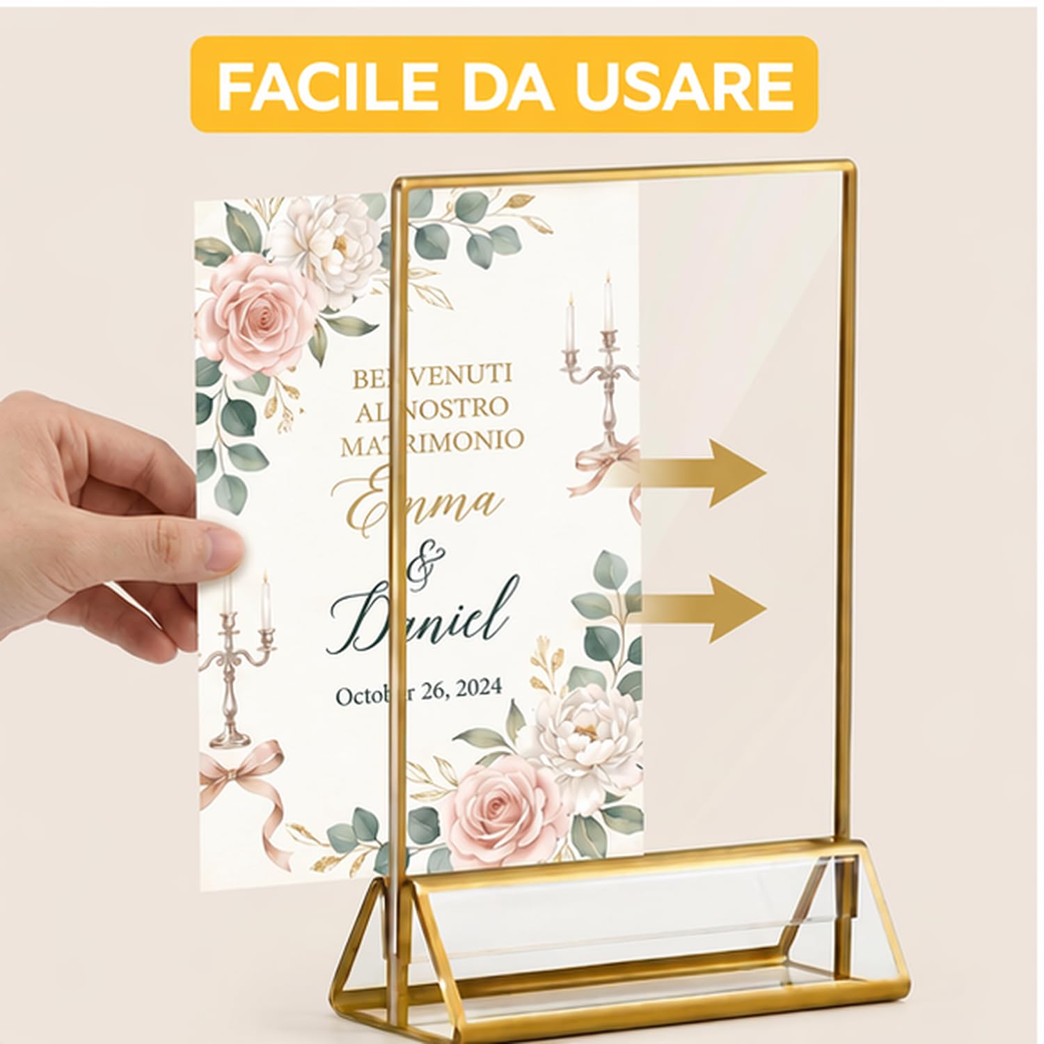 6 pezzi Espositore da tavolo A5 in acrilico con bordi dorati, espositore A5 a T, espositore verticale bifacciale per menu per matrimonio, ristorante e ufficio.