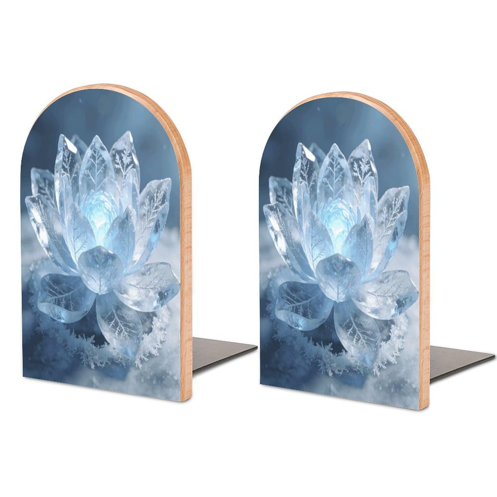 Frost Lotus Glowing Light Bookend Wood Book End for Shelves Heavy Duty Non-Slip Wooden Bookend Support Universal Economy Bookends Fancy Modern Decorative Book Accessories 1 Pairs