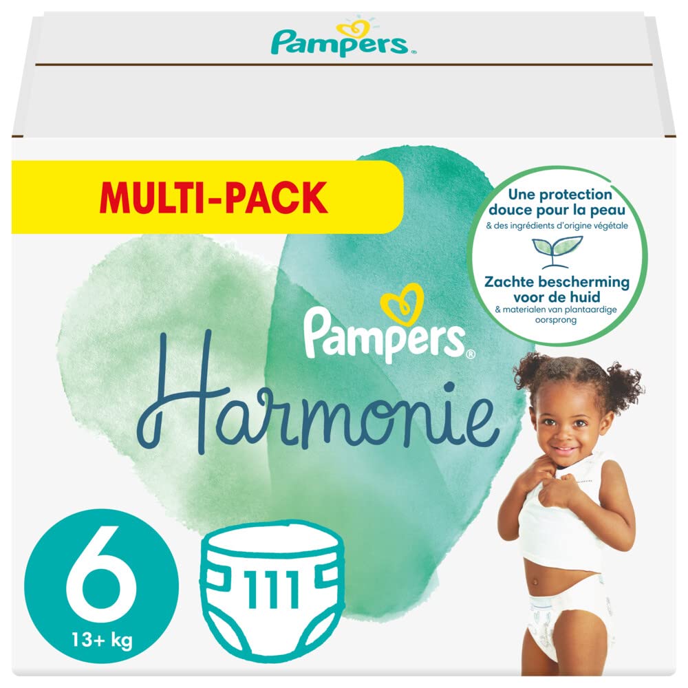 Pampers Couches Taille 6 (13+ kg), Harmonie, 111 Couches Bébé, Pack 1 Mois, 0% de compromis, 100% d'absorption, Ingrédients d'origine végétale, Hypoallergéniques