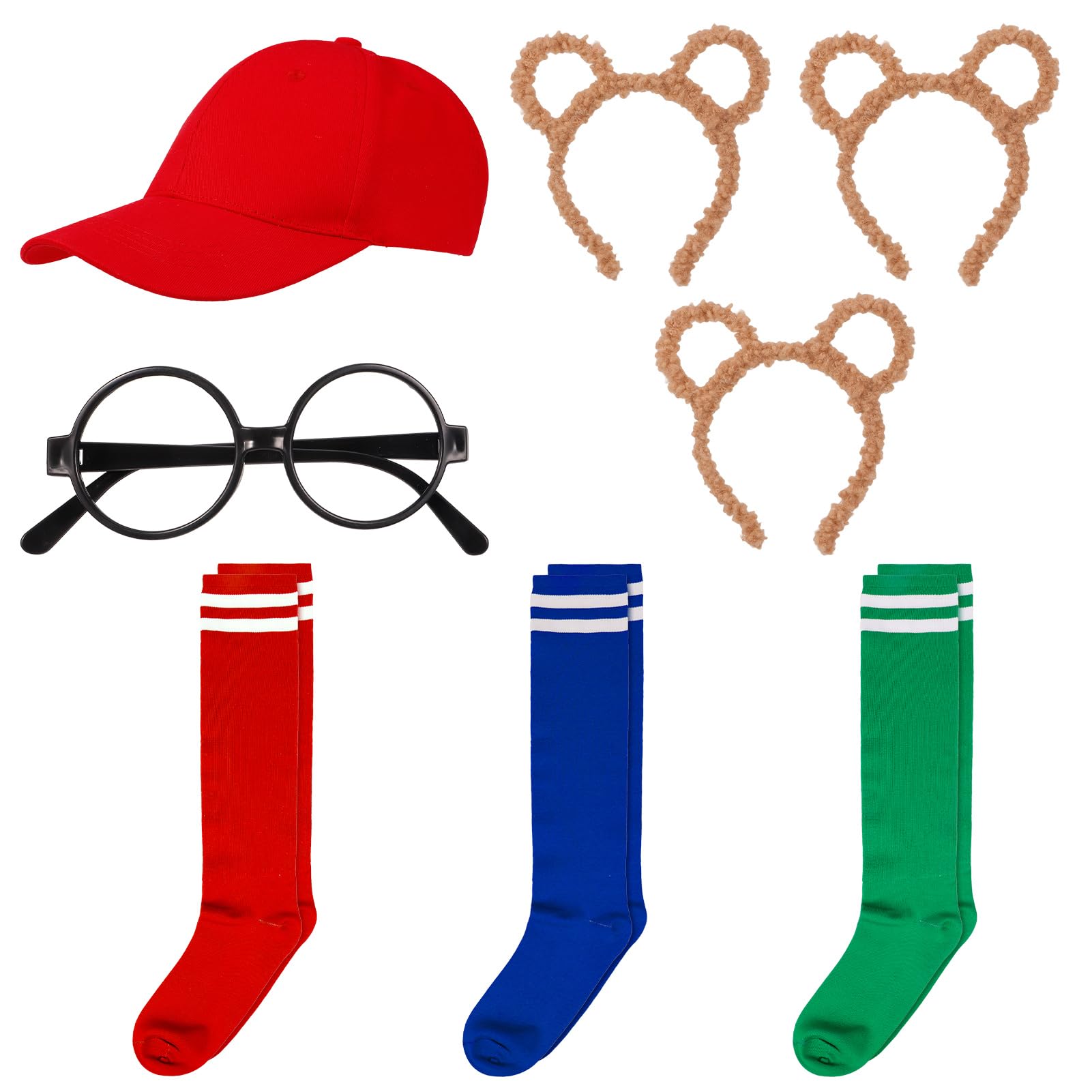 Heyu-Lotus8 Pcs Chipmunk Costume Accessory Set: 3 Ears Headbands,3 Knee-High Socks,Glasses,Red Baseball Hat-Unisex Adults,Red,Animal, Halloween,Cosplay,Masquerade,Stage Performance