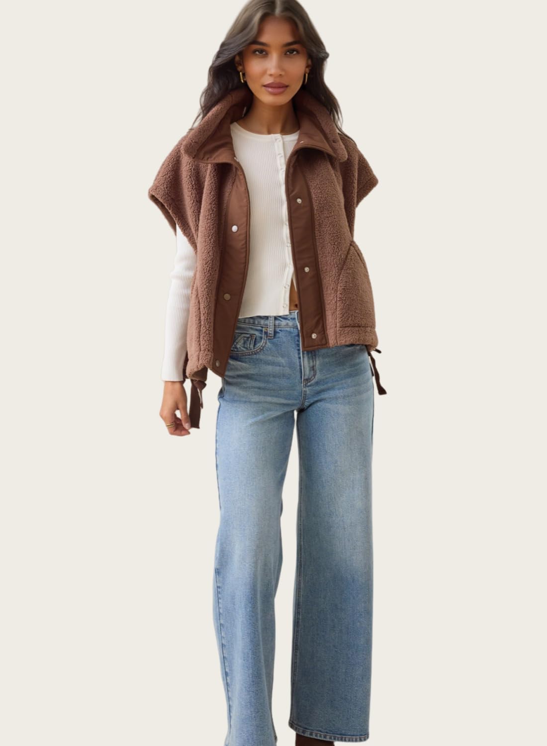 Fleece Vest Women Sleeveless Jacket Snap Button Printed Fuzzy Gilet Casual Outerwear with Pockets - Image 4