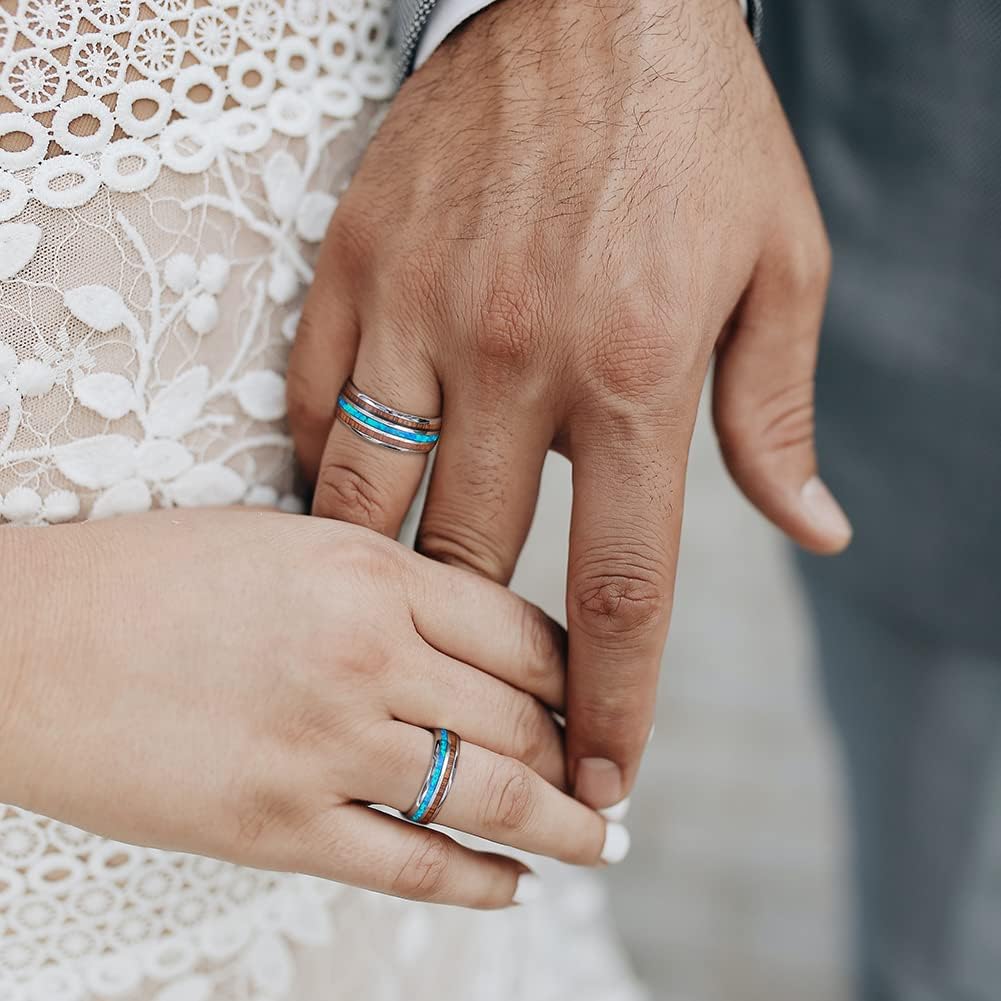 TUNGSTORY Mens Tungsten Wedding Bands - 8mm Created Blue Opal/Fire Opal Rings Hawaiian Koa Wood Inlay Ring Dome Style Comfort Fit Size 5-15 - Image 5