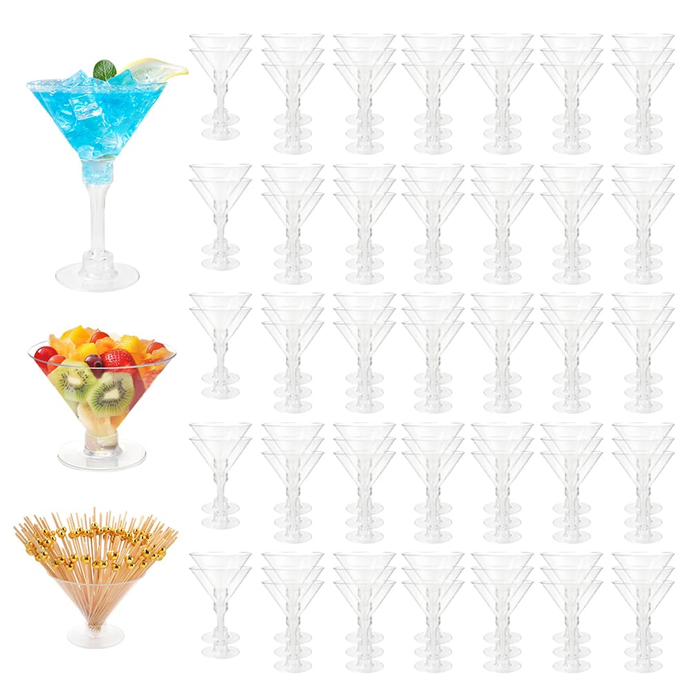 RETON Juego de 100 vasos de plástico para martini, vasos de cóctel reutilizables de 5 onzas, tazas altas de margaritas con 100 palillos de frutas, mini tazas de postre reutilizables para fiestas,