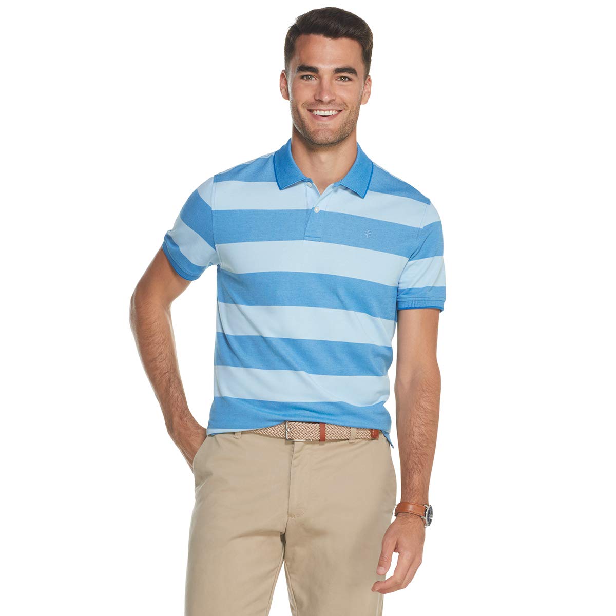 Izod Men's Princess Blue Advantage Performance Short Sleeve Stripe Polo Shirt, Large