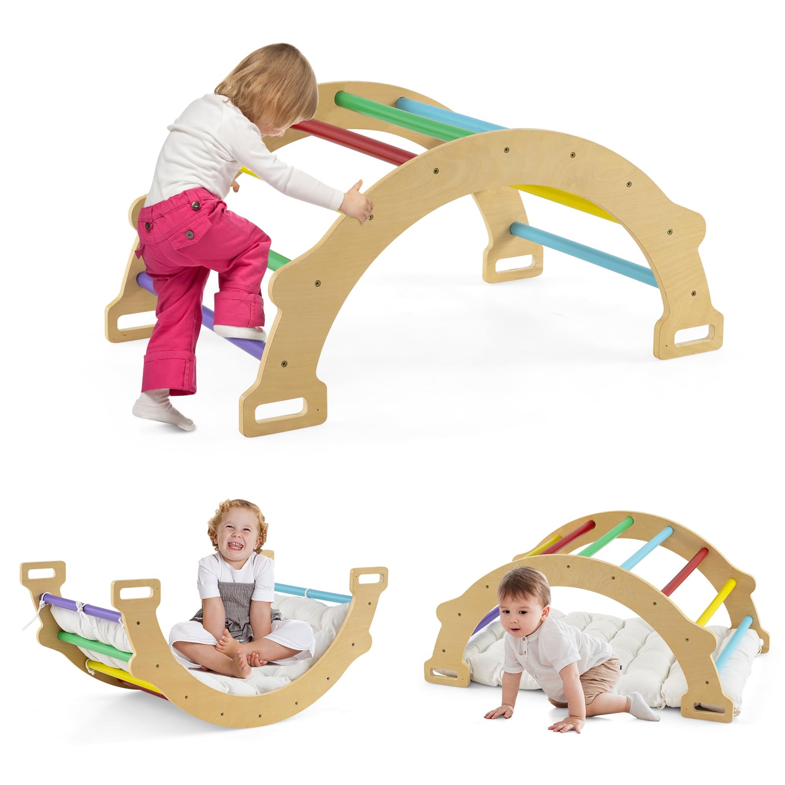 GOPLUS 2 en 1 Arco de Escalada Infantil de Madera, Basculante Con Cojín Suave, Montessori de Juego de Equilibrio de Entrenamiento, Carga 50 kg, Para 1 Año+ (Colorido)