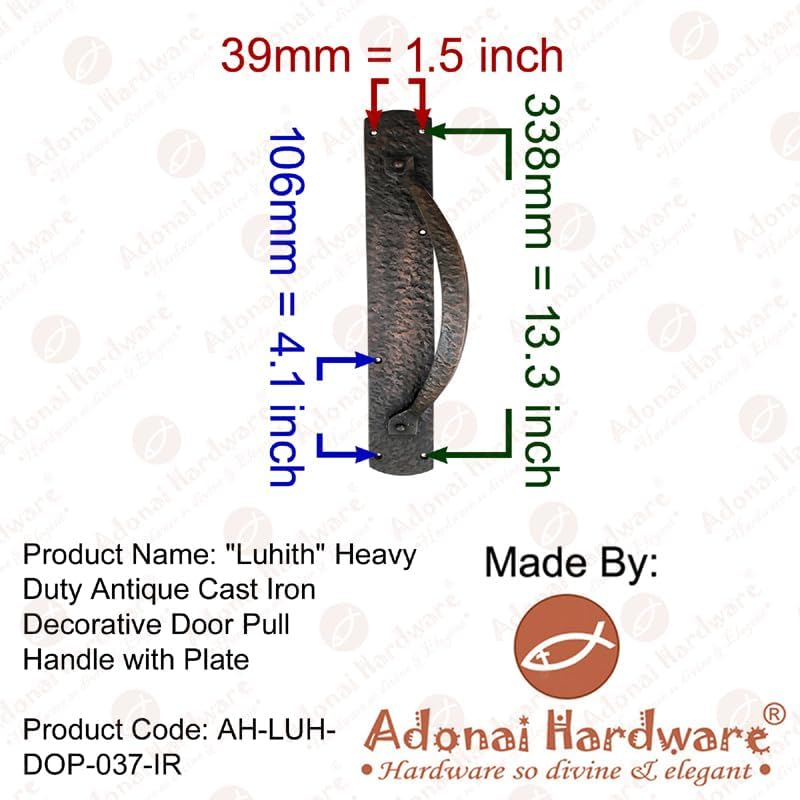 Adonai Hardware "Luhith Heavy Duty Antique Cast Iron Decorative Door Pull Handle with Plate for Vintage Sliding French Wooden Barn Doors, Gates, Fences, Farmhouse, Antique Hardware, Rustic Hardware