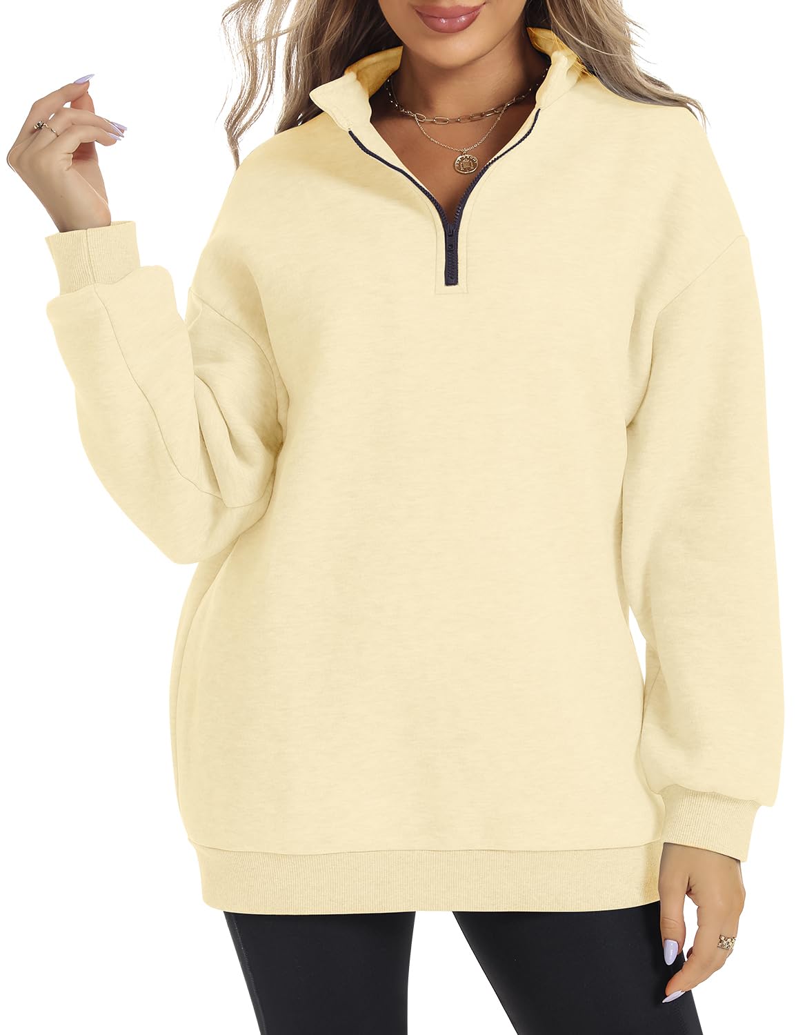 ROYLAMPWomen's Oversized Half Zip Pullover Stand Collar Long Sleeve Drop Shoulder Sweatshirt Fashion Fleece Winter Outfits