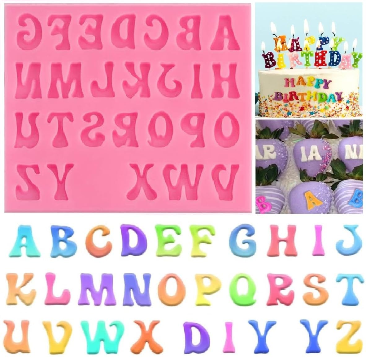 4 moldes de letras para fresas cubiertas de chocolate, molde de silicona en mayúsculas y minúsculas para hacer dulces, galletas de gomitas, bandeja de cubitos de hielo, decoraciones de pasteles 3