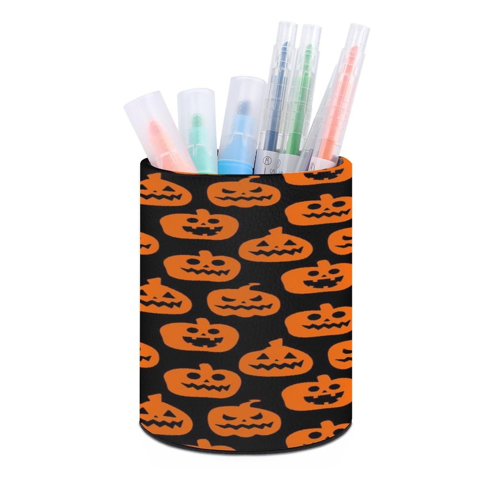 FekiLoot PU Leather Round Pen Holder Horror Pumpkin Pattern Pencil Holder Desk Organizer Pen Organizer Pen Cup Pencil Cup Caddy Desktop Stationery Organizers for Office Home Supplies