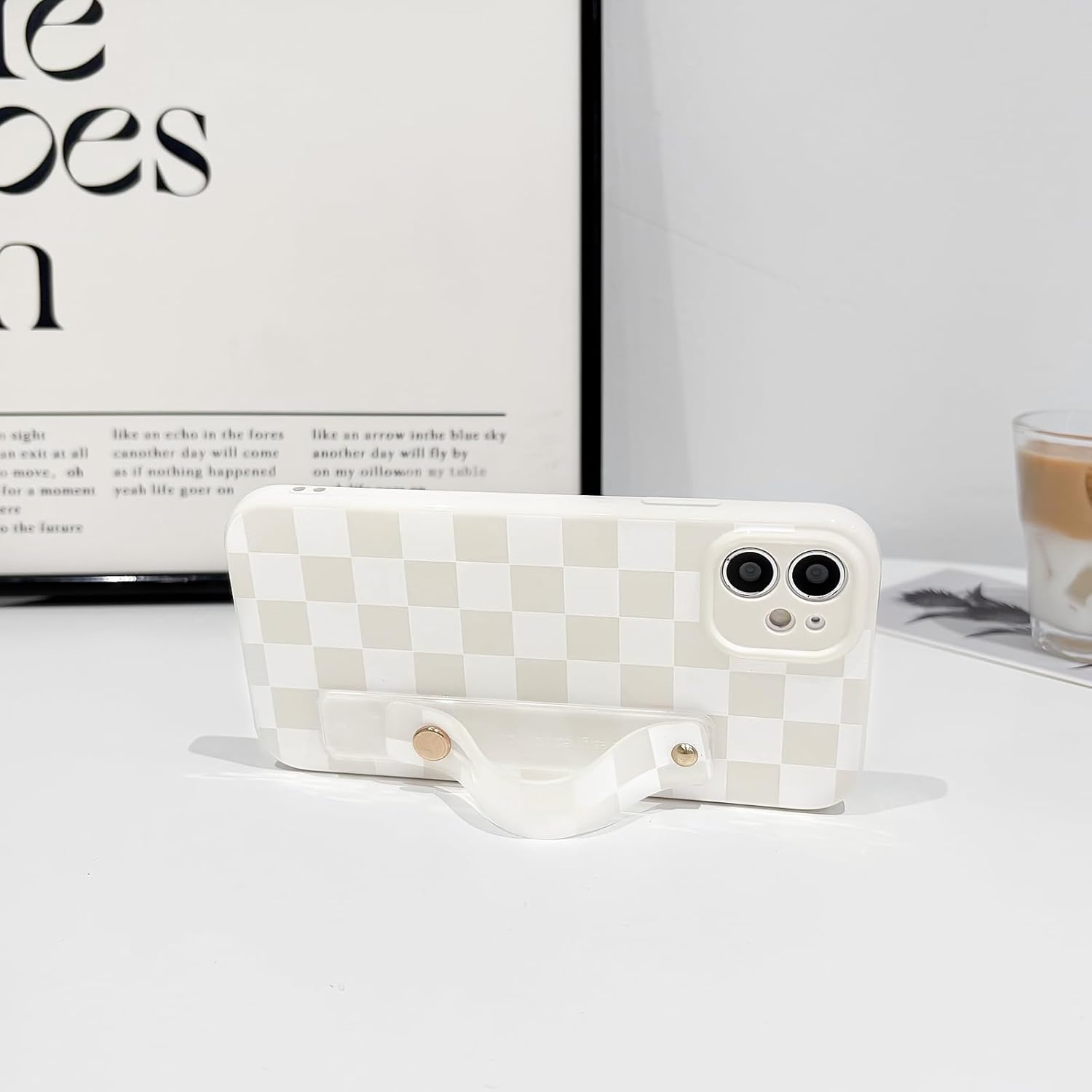 NITITOP Compatible with iPhone 12 Case with Wrist Strap Kickstand Cute Trendy Checkerboard Plaid for Women Girls Slim Fit TPU Silicone Shockproof Full Camera Protective Cover - White - Image 6