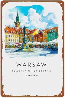 XHBZHH Warsaw Watercolor Poster Poster Posters Aluminum Metal Sign 8x12 Inch For Living Room Bedroom Bathroom Decoration