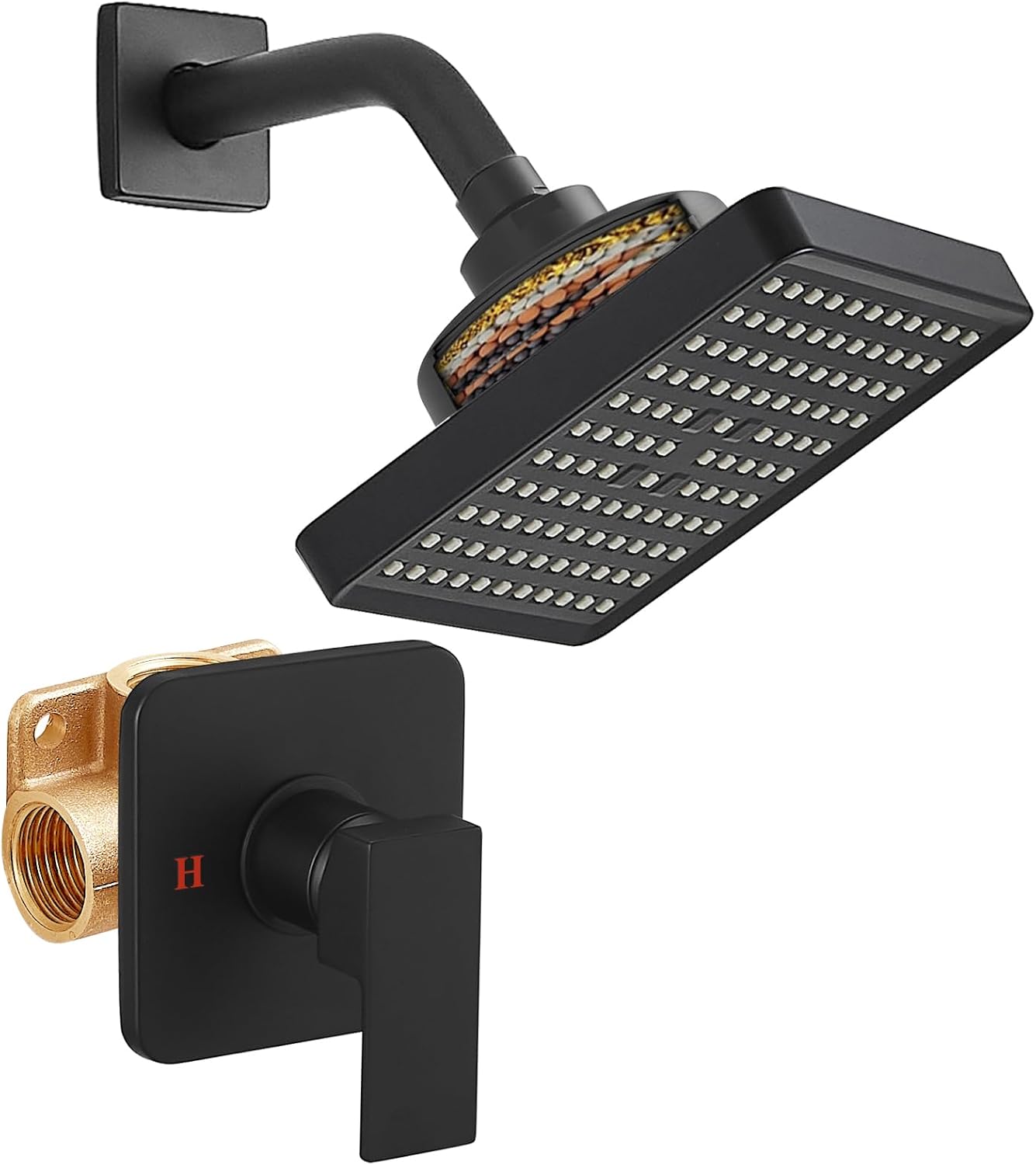 Hoimpro 6 Inch Filtered Shower Head with Filter for Hard Water Shower Faucet Set with Valve Kit Rainfall Shower Head and Handle Square Bathroom Shower System Matte Black