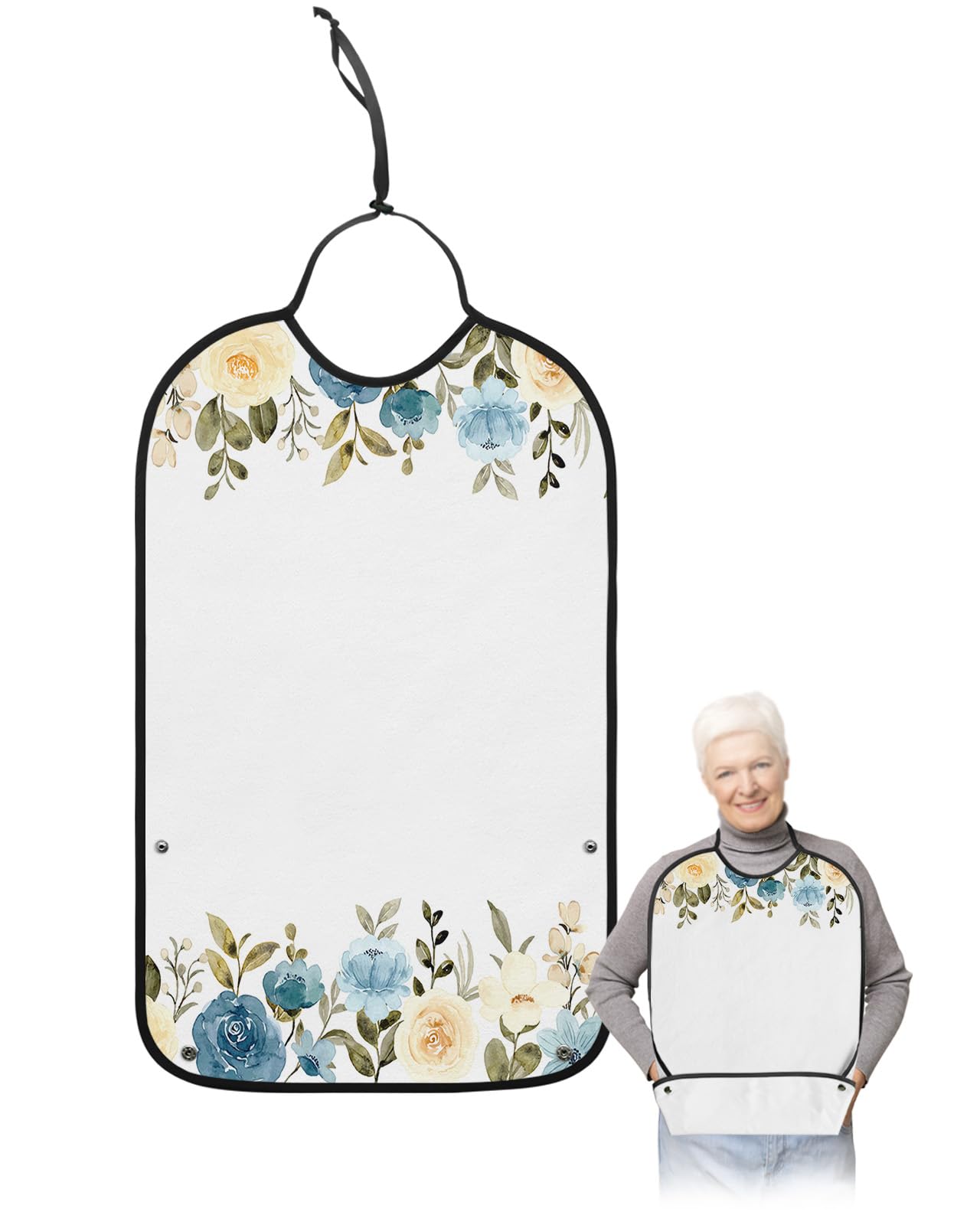 Adult Bibs for Elderly Women - Spring Florals Waterproof Dining Clothing Protectors with Crumb Catcher for Eating/Feeding, Watercolor Flowers Blue Cream White Terry Cloth Bib Machine Washable