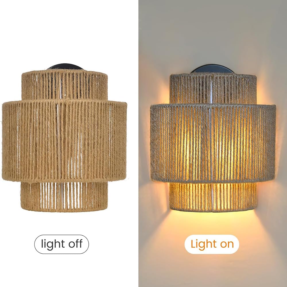 Appliques Murales En Rotin De 9 Pouces, Luminaires Muraux Boho Avec Corde De Chanvre, Appliques Murales Rustiques Pour Chambre À Coucher, Entrée, Éclairage Mural, Applique Murale Moderne Bohème