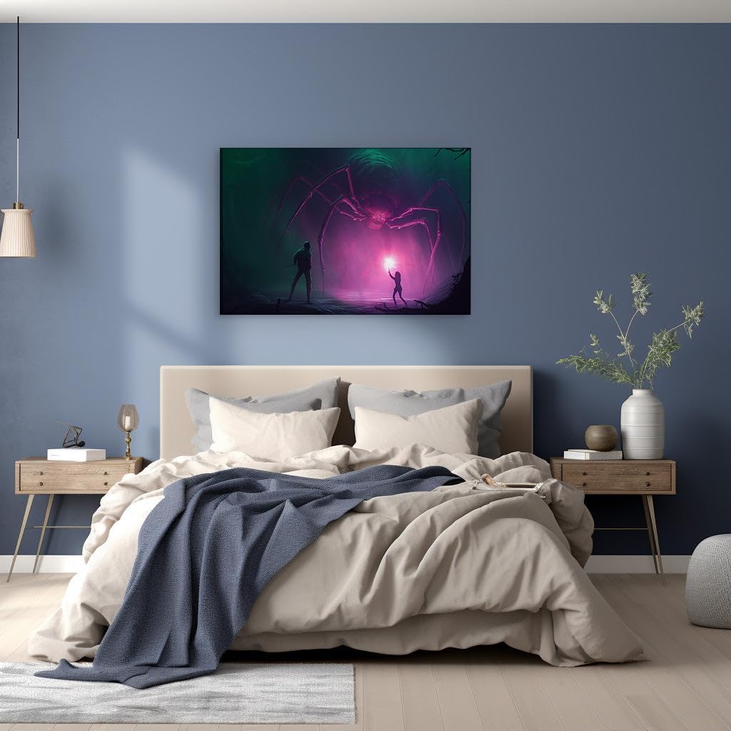 Canvas for Living room. Facing the Neon Terror: A Duel with the Colossal Spider in the Shadows, 27 x 18 inch Canvas Wall Art - Modern Home Decor - 69x46 cm (27x18 inch)