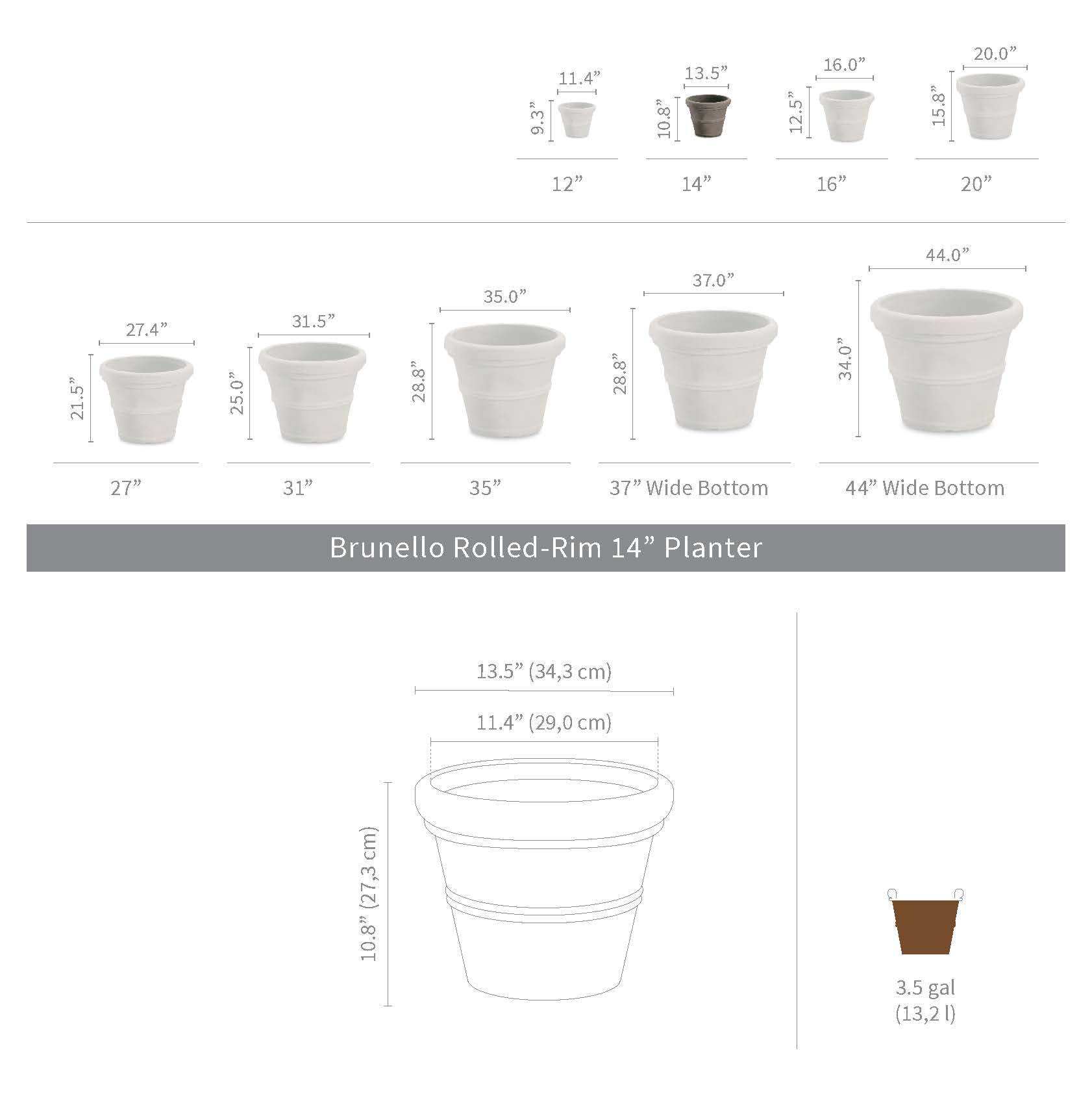 Crescent Garden Brunello Planter, Classic Rolled-Rim Plant Pot, 14-Inch (Parchment)