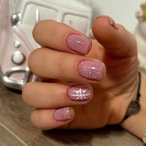 24Pcs Snowflake Press on Nails Christmas Short Square Fake Nails