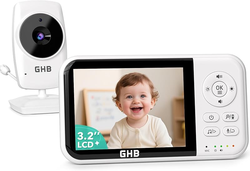 GHB Babyphone Caméra Bébé Surveillance 3,2 inches LCD Batterie 2100mAh Capteur de Température Vision