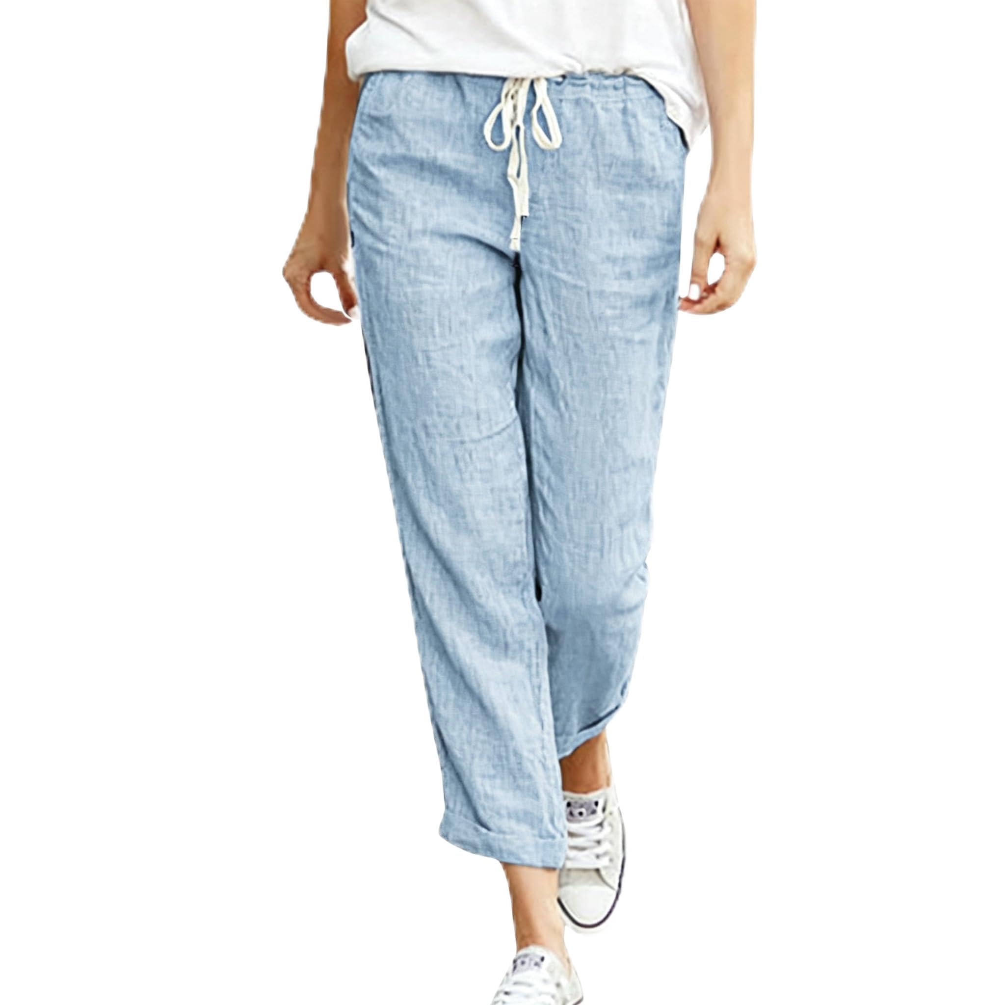 Cegerne Pantaloni in Lino Donna 7/8 Estivi Leggeri e Traspiranti Vita Elastico con Tasche Casual per Spiaggia Vacanze e Tempo Libero