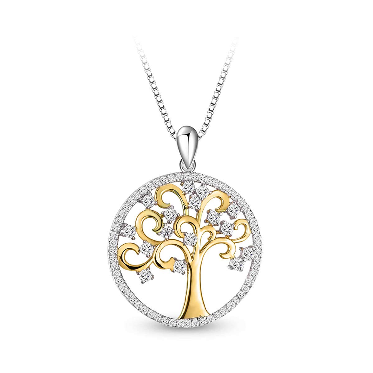 T400 Tree of Life Necklace 925 Sterling Silver Golden Round Pendant Jewelry Gift for Mother Women