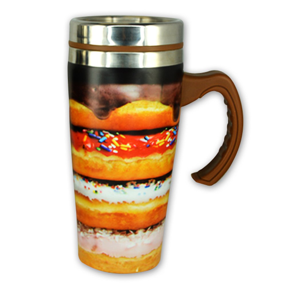 Novelty, Inc. 16 oz. Stainless Steel Thermal Printed Travel Coffee Mug with Lid and Handle - Doughnuts