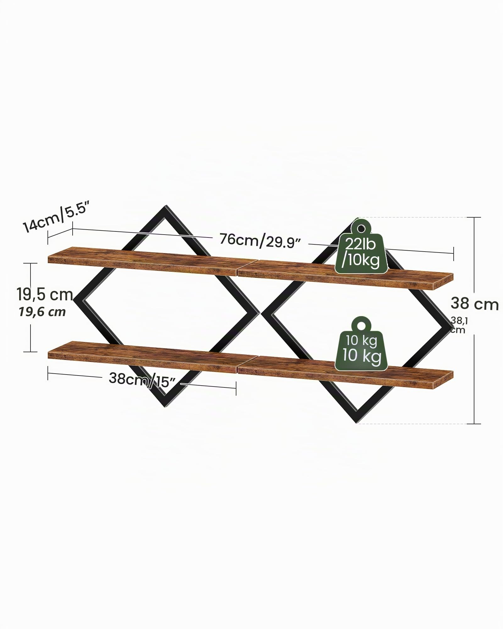 CHOEZON Estanterías Flotantes de Pared, Juego de Estantes de 2 Piezas, Estantes de 2 Niveles, para Sala de Estar, Dormitorio, Cocina, Oficina, Estudio, Marrón Vintage y Negro DTBJ01P2BF